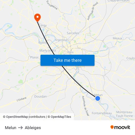 Melun to Ableiges map