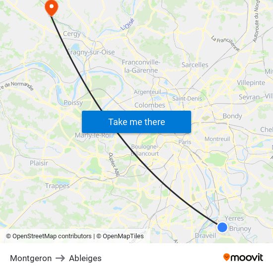 Montgeron to Ableiges map