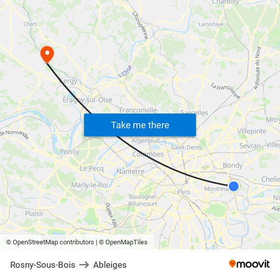 Rosny-Sous-Bois to Ableiges map