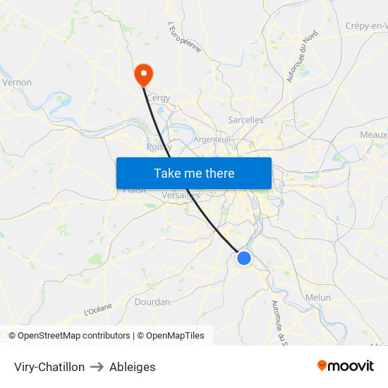 Viry-Chatillon to Ableiges map