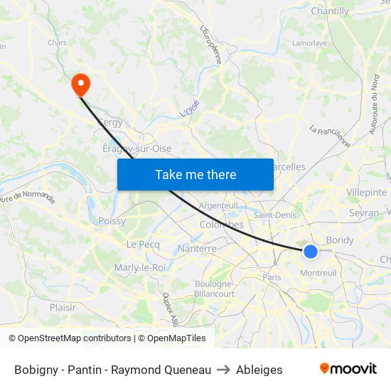 Bobigny - Pantin - Raymond Queneau to Ableiges map