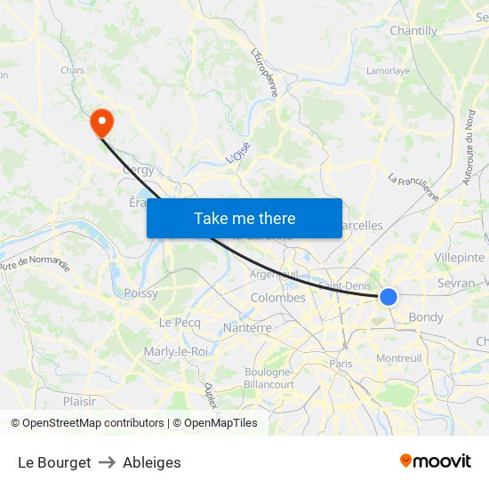 Le Bourget to Ableiges map