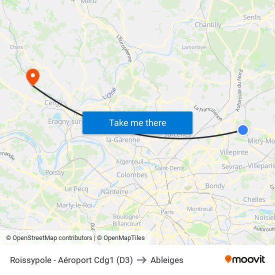 Roissypole - Aéroport Cdg1 (D3) to Ableiges map