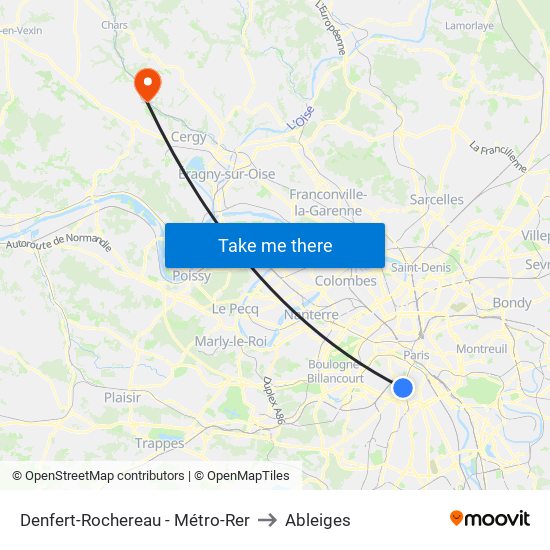 Denfert-Rochereau - Métro-Rer to Ableiges map