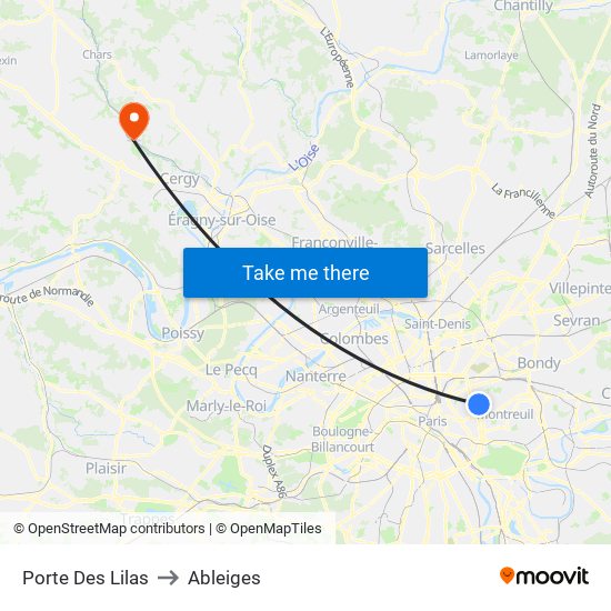 Porte Des Lilas to Ableiges map