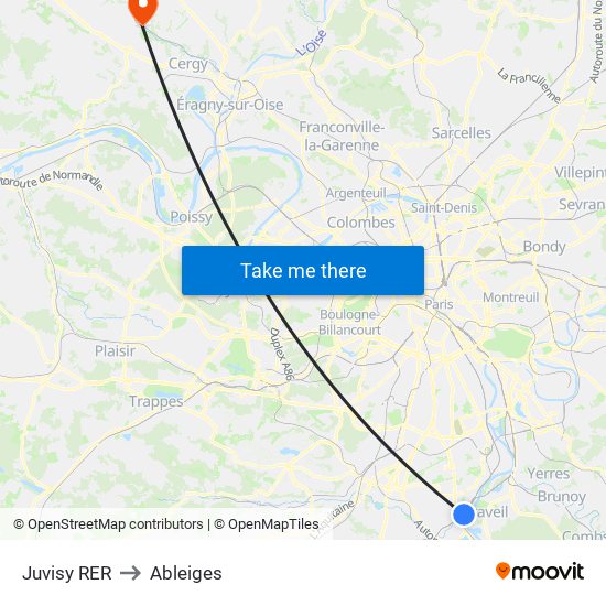 Juvisy RER to Ableiges map