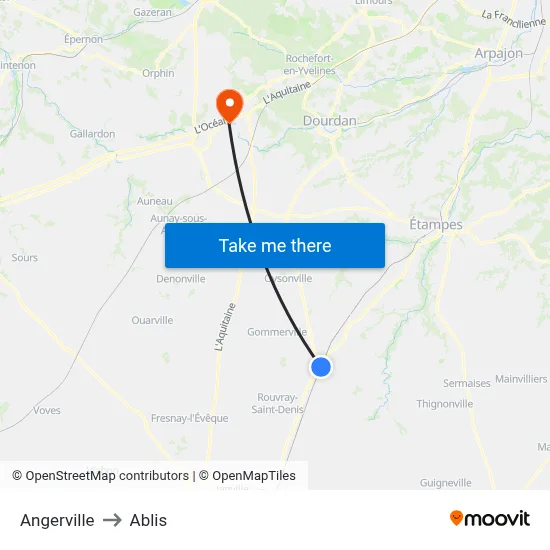 Angerville to Ablis map