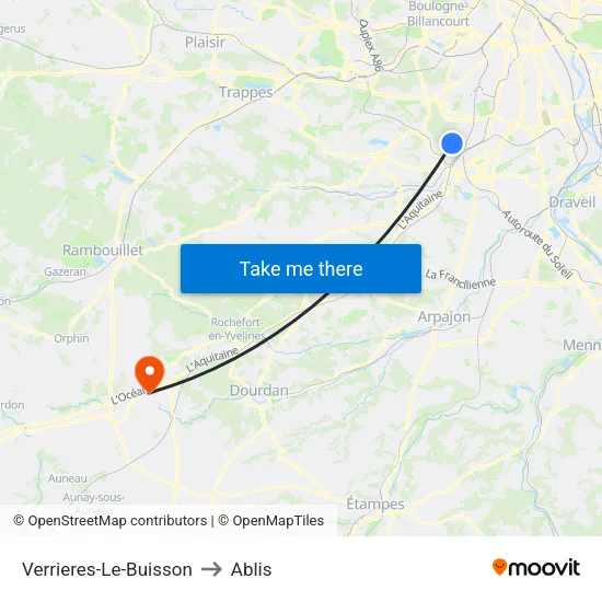 Verrieres-Le-Buisson to Ablis map