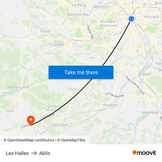 Les Halles to Ablis map