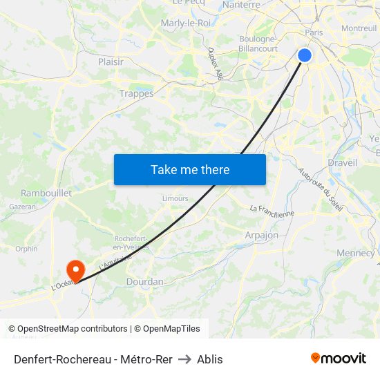 Denfert-Rochereau - Métro-Rer to Ablis map