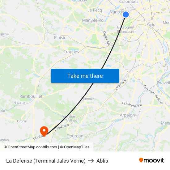 La Défense (Terminal Jules Verne) to Ablis map