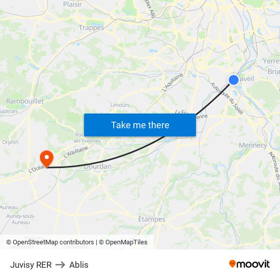 Juvisy RER to Ablis map