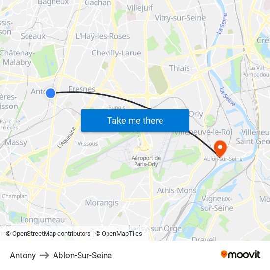 Antony to Ablon-Sur-Seine map
