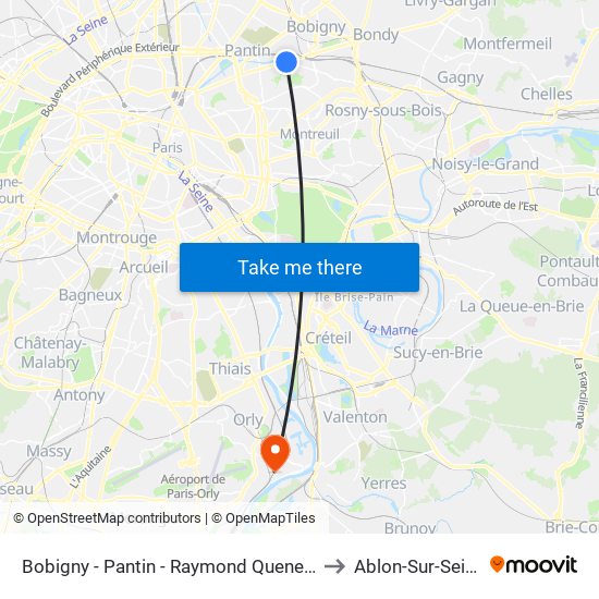 Bobigny - Pantin - Raymond Queneau to Ablon-Sur-Seine map