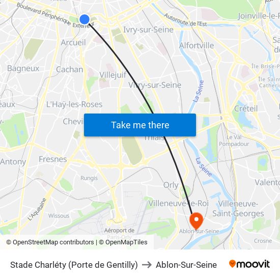 Stade Charléty (Porte de Gentilly) to Ablon-Sur-Seine map