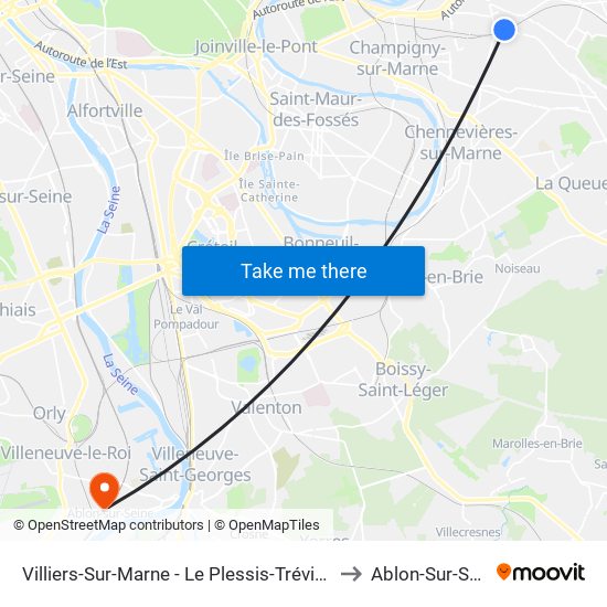Villiers-Sur-Marne - Le Plessis-Trévise RER to Ablon-Sur-Seine map
