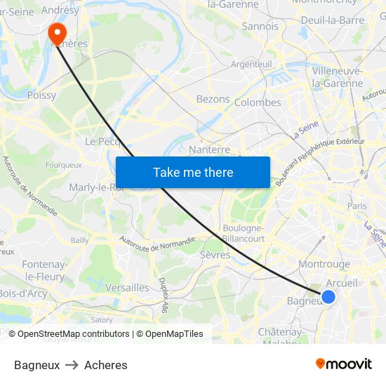 Bagneux to Acheres map