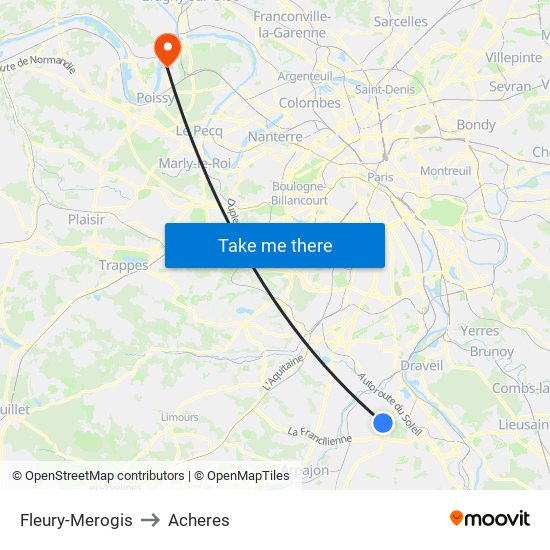 Fleury-Merogis to Acheres map