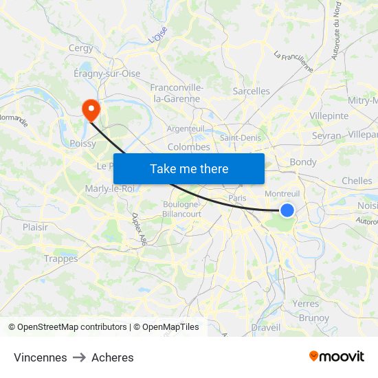 Vincennes to Acheres map