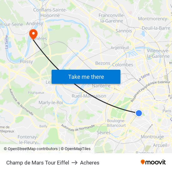 Champ de Mars Tour Eiffel to Acheres map