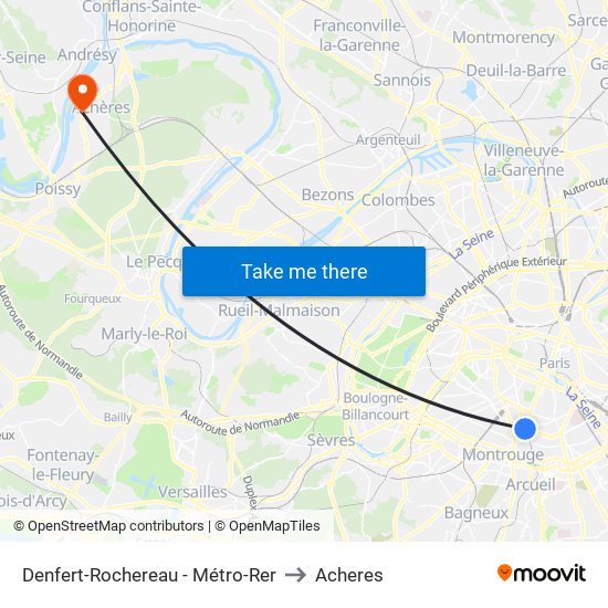 Denfert-Rochereau - Métro-Rer to Acheres map