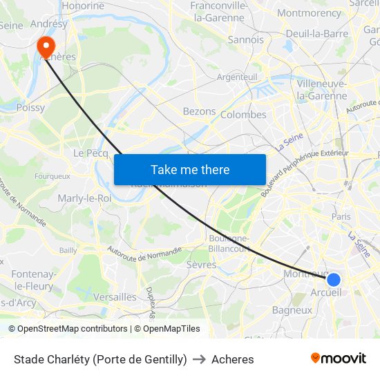 Stade Charléty (Porte de Gentilly) to Acheres map