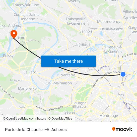 Porte de la Chapelle to Acheres map