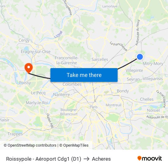 Roissypole - Aéroport Cdg1 (D1) to Acheres map