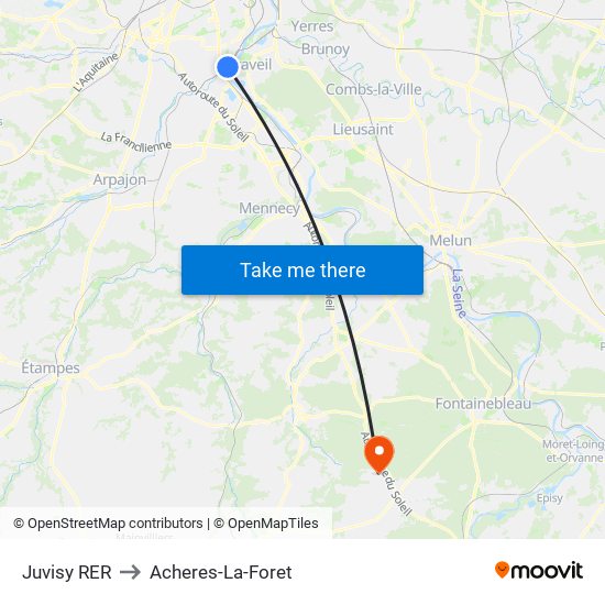 Juvisy RER to Acheres-La-Foret map