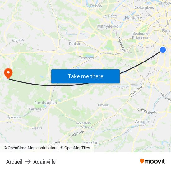 Arcueil to Adainville map