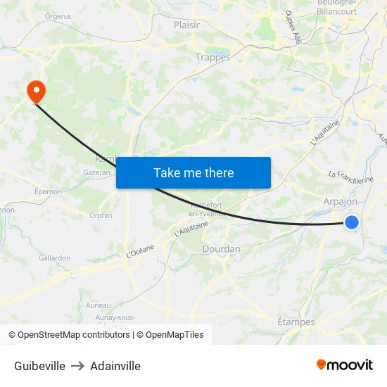 Guibeville to Adainville map