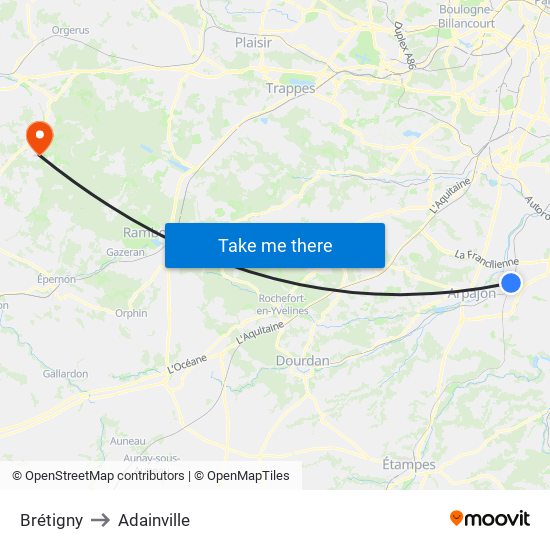 Brétigny to Adainville map