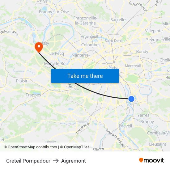 Créteil Pompadour to Aigremont map