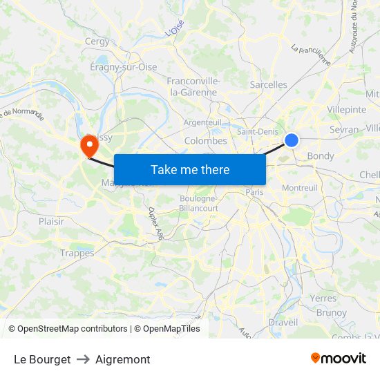 Le Bourget to Aigremont map