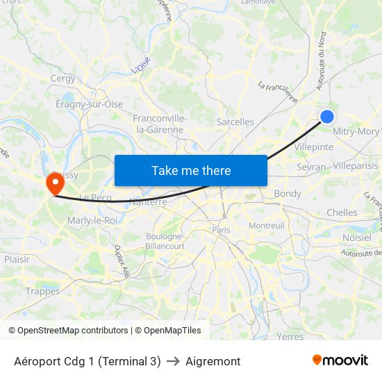 Aéroport Cdg 1 (Terminal 3) to Aigremont map