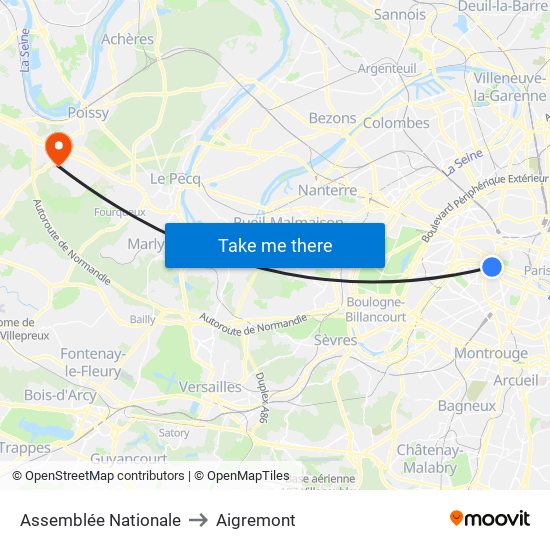 Assemblée Nationale to Aigremont map