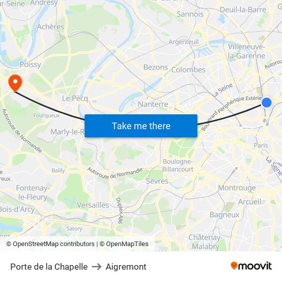 Porte de la Chapelle to Aigremont map