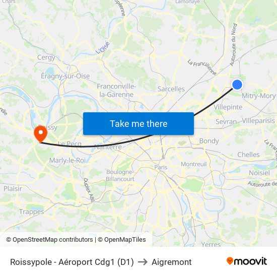 Roissypole - Aéroport Cdg1 (D1) to Aigremont map