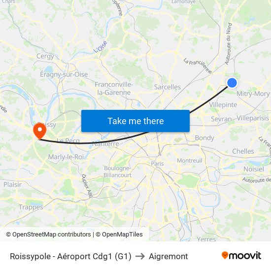 Roissypole - Aéroport Cdg1 (G1) to Aigremont map