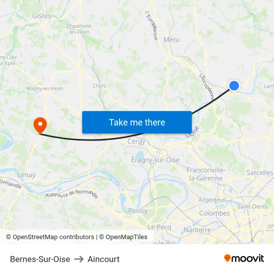 Bernes-Sur-Oise to Aincourt map