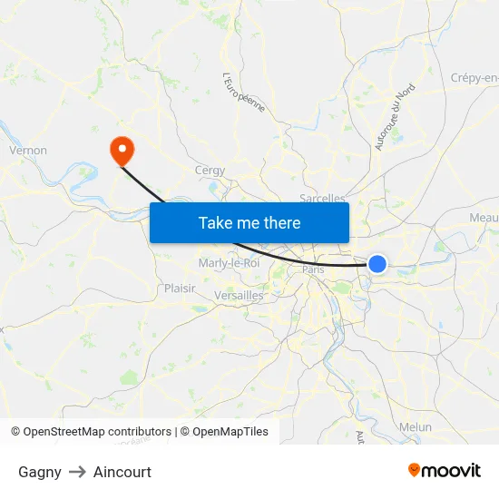 Gagny to Aincourt map