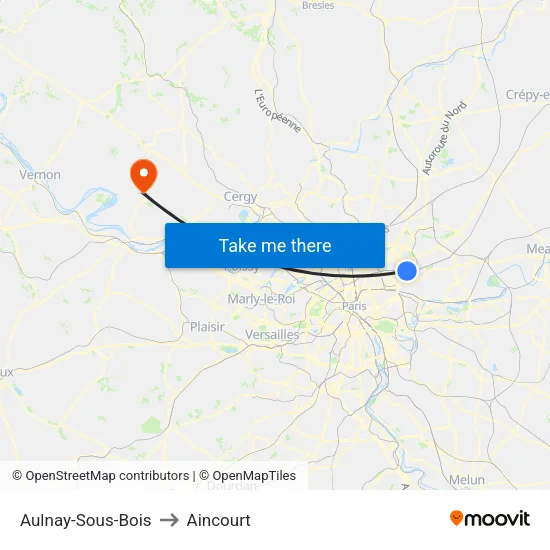 Aulnay-Sous-Bois to Aincourt map