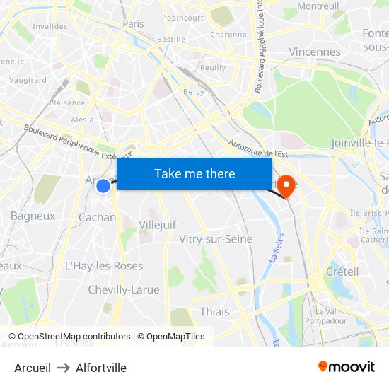 Arcueil to Alfortville map