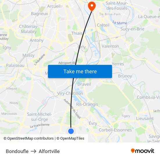 Bondoufle to Alfortville map
