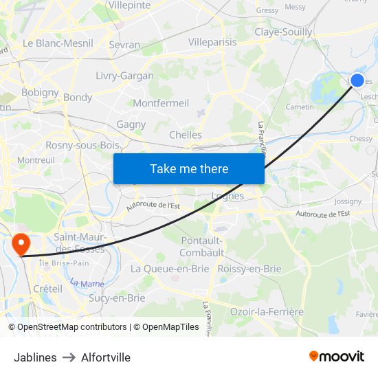 Jablines to Alfortville map