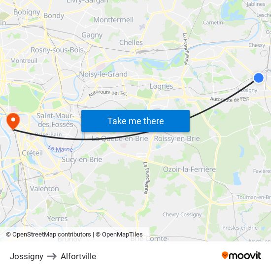 Jossigny to Alfortville map