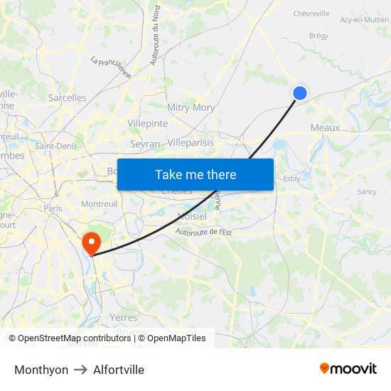 Monthyon to Alfortville map