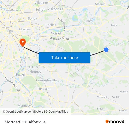 Mortcerf to Alfortville map