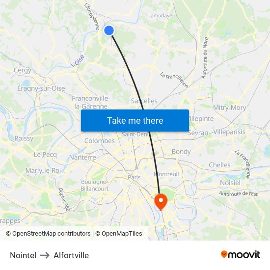 Nointel to Alfortville map