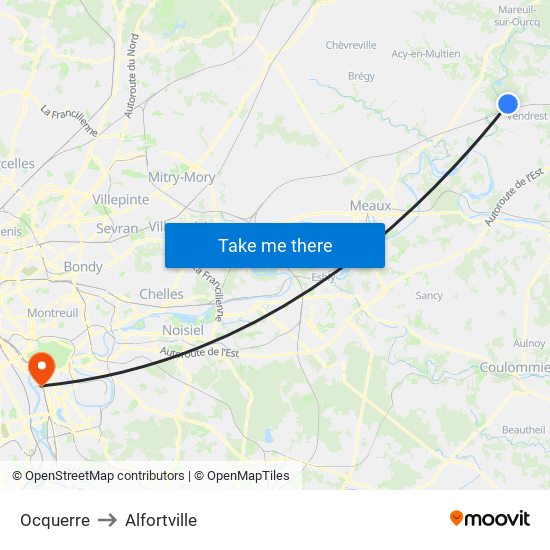 Ocquerre to Alfortville map
